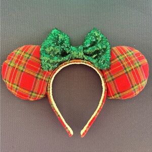 Plaid Minnie Mouse Ears Headband with Green Bow
